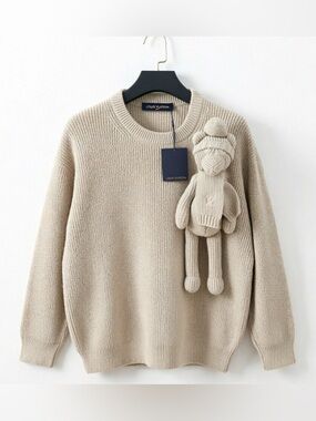 Louis Vuitton Men's Neutral Beige Crewneck Sweater with Knit Charm